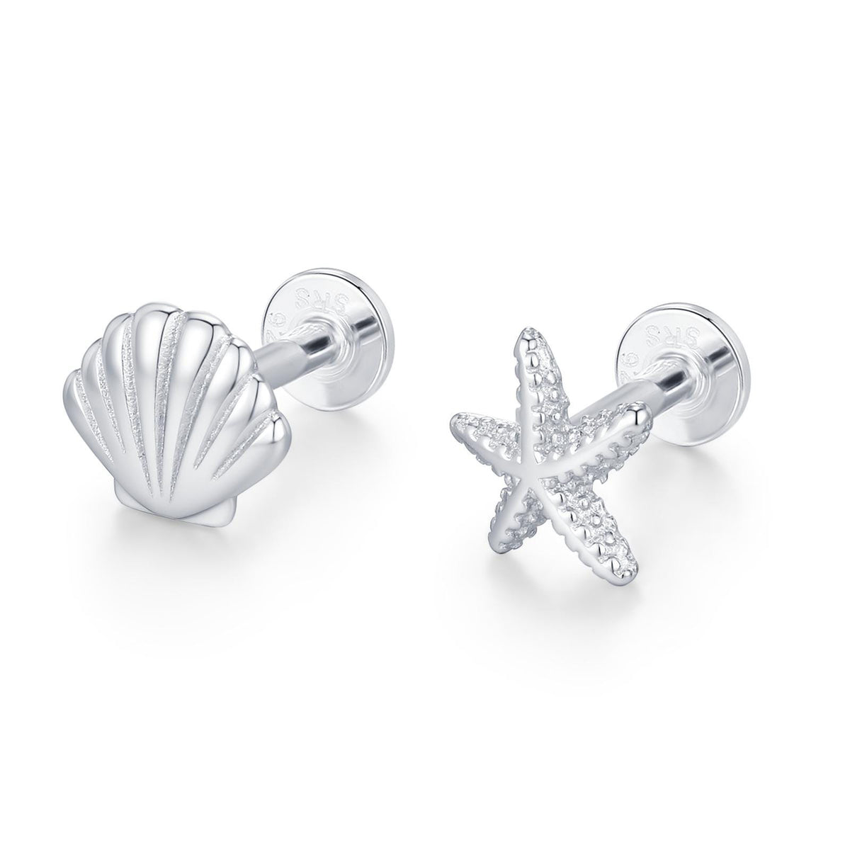 Sterling Silver Shell and Starfish 16G Flat Back Labret Earrings