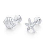 Sterling Silver Shell and Starfish 16G Flat Back Labret Earrings