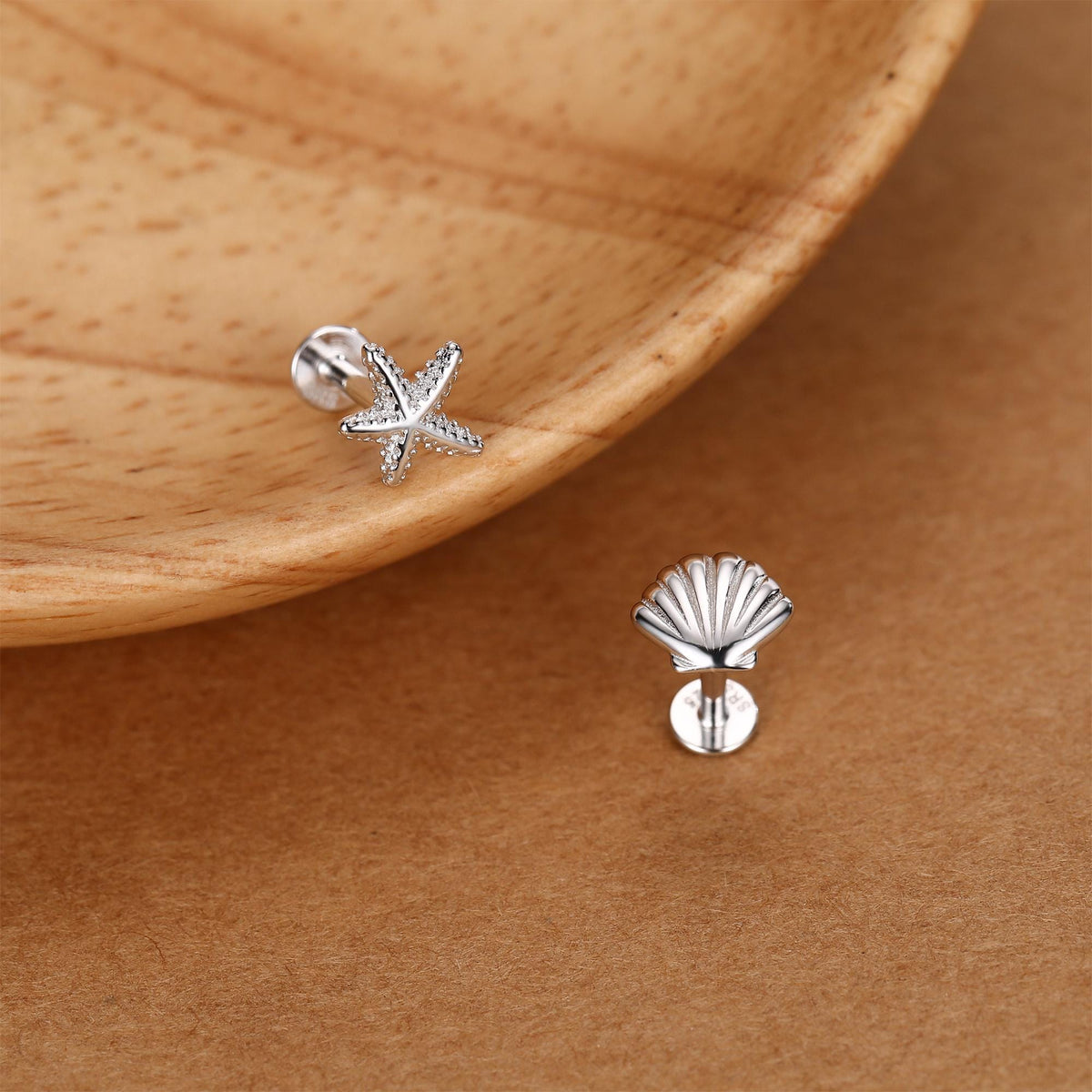Sterling Silver Shell and Starfish 16G Flat Back Labret Earrings