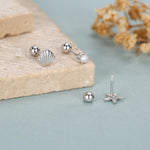 Sterling Silver Shell Starfish and Pearl 18G Screw Back Stud Earrings Set