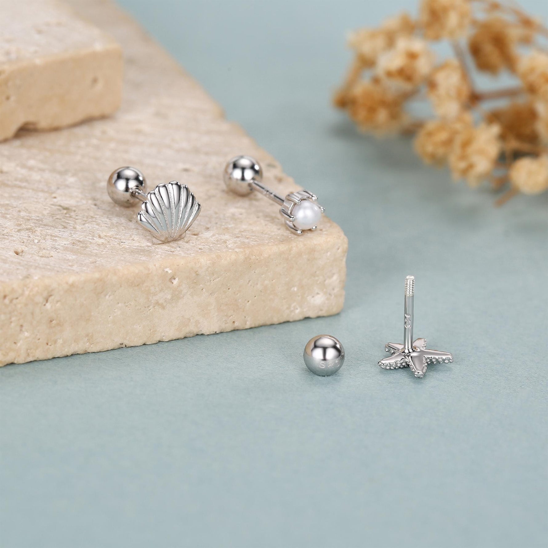 Sterling Silver Shell Starfish and Pearl 18G Screw Back Stud Earrings Set