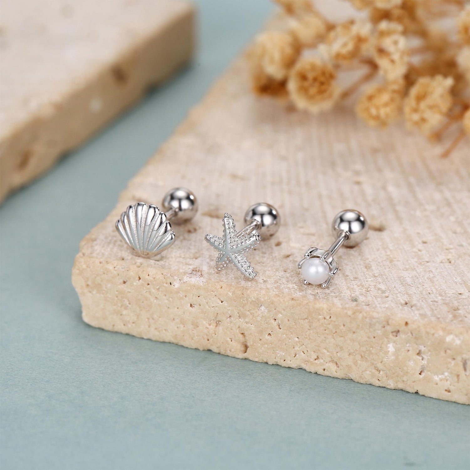 Sterling Silver Shell Starfish and Pearl 18G Screw Back Stud Earrings Set