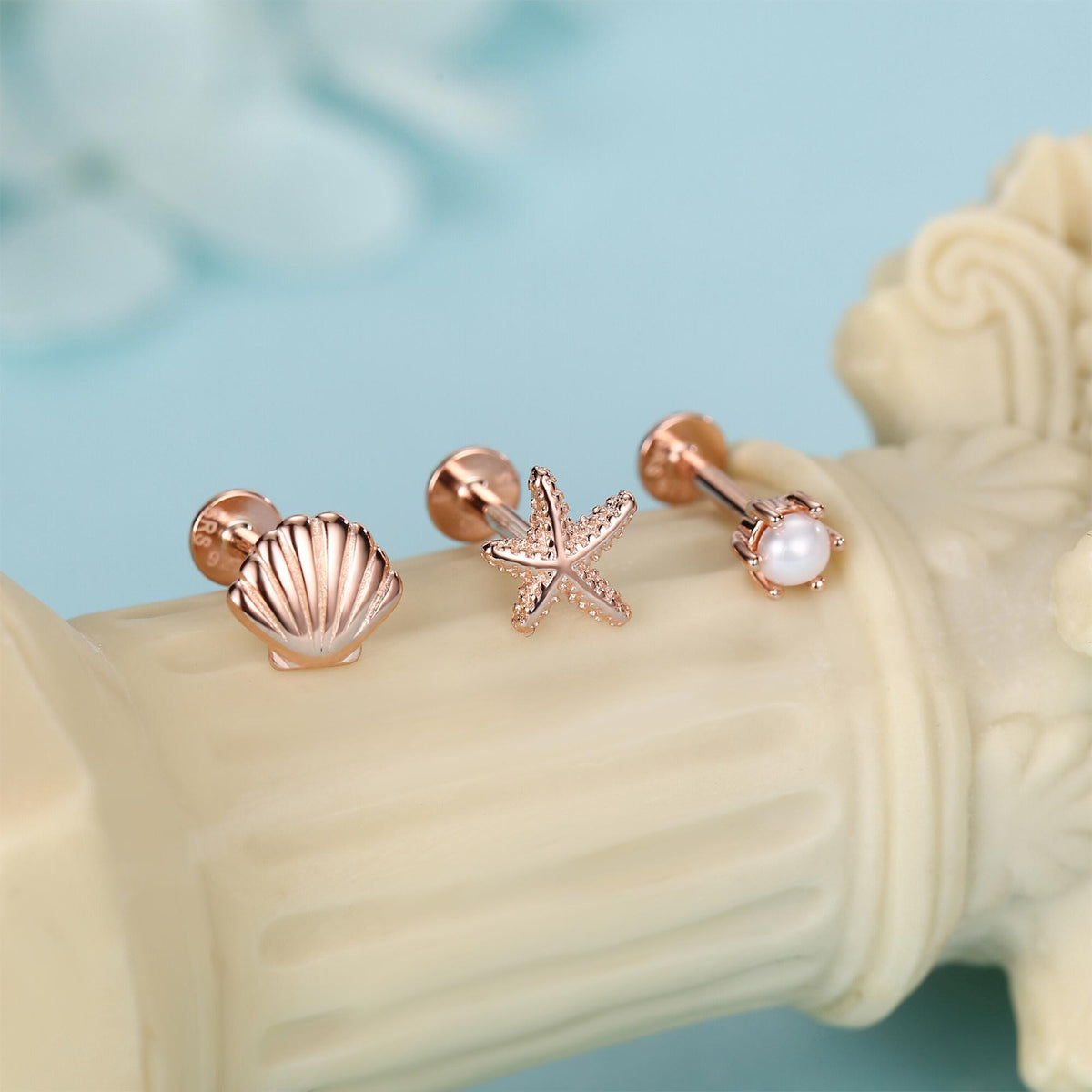 Sterling Silver Shell Starfish and Pearl 16G Flat Back Labret Earrings Set