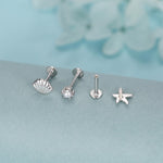 Sterling Silver Shell Starfish and Pearl 16G Flat Back Labret Earrings Set