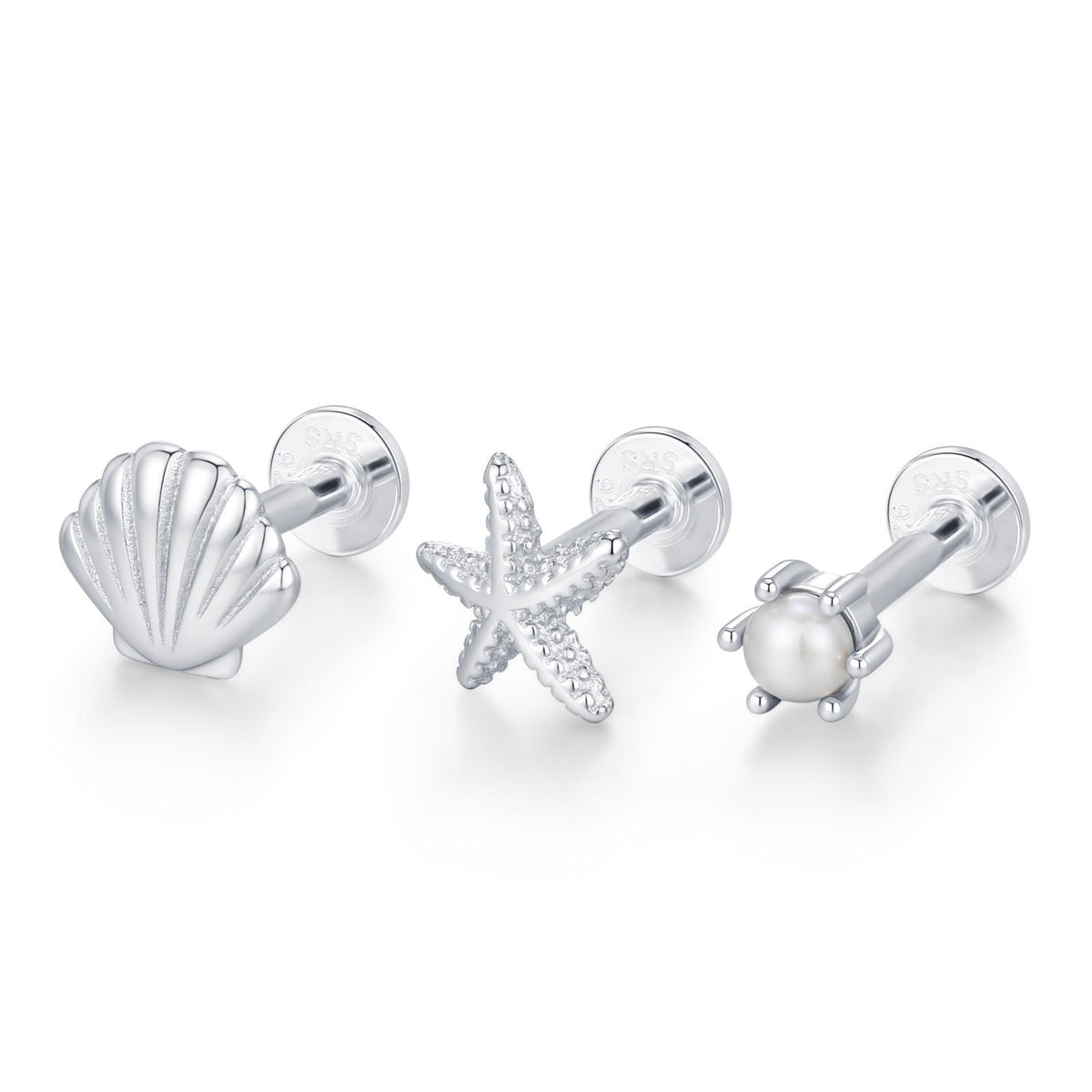 Sterling Silver Shell Starfish and Pearl 16G Flat Back Labret Earrings Set