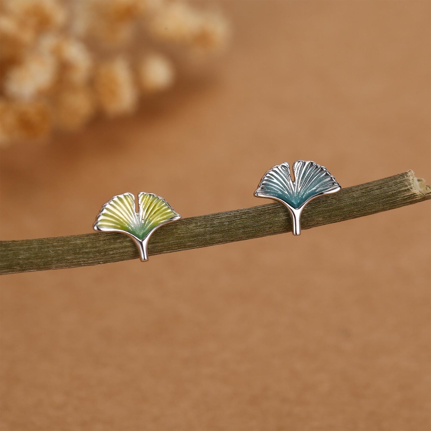 Sterling Silver Mismatched Enamel Ginkgo Leaf Stud Earrings