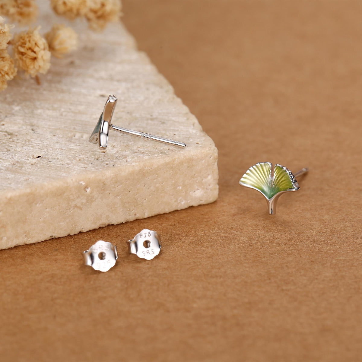 Sterling Silver Mismatched Enamel Ginkgo Leaf Stud Earrings