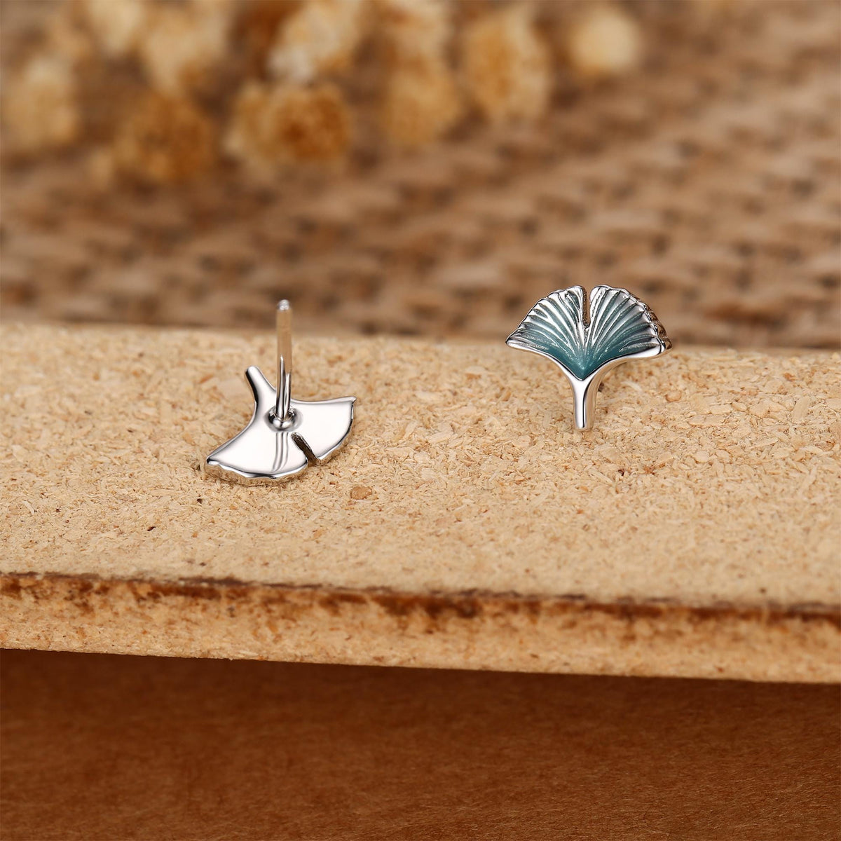 Sterling Silver Mismatched Enamel Ginkgo Leaf Stud Earrings