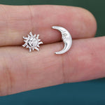 Mismatched Sun and Moon Stud Earrings / Screw Back in Sterling Silver, Asymmetric Man in the Moon and Sun Face Earrings