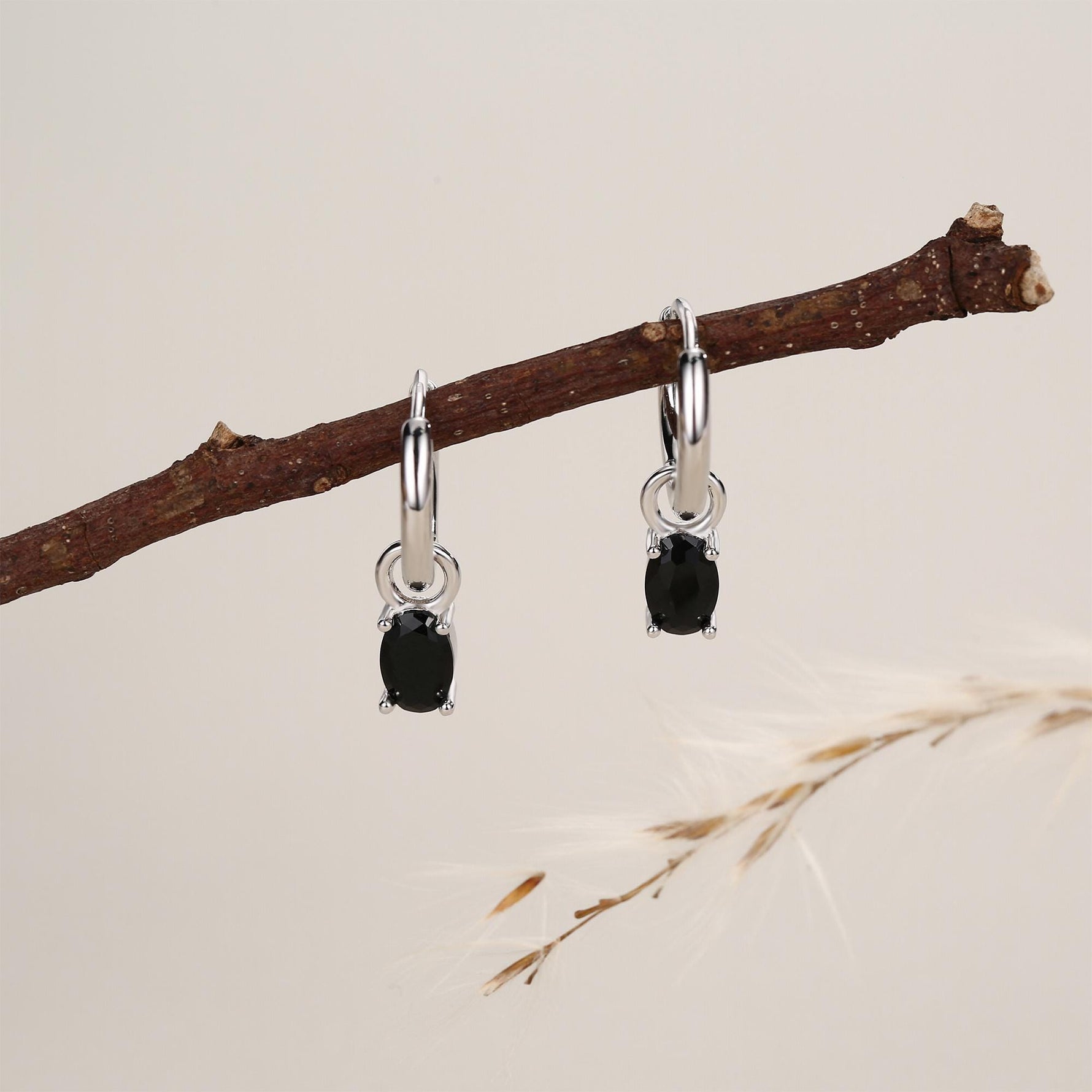 Oval Black CZ Huggie Hoop in Sterling Silver, Silver or Gold, Minimalist Simple Hoop Earrings, Detachable and Interchangeable