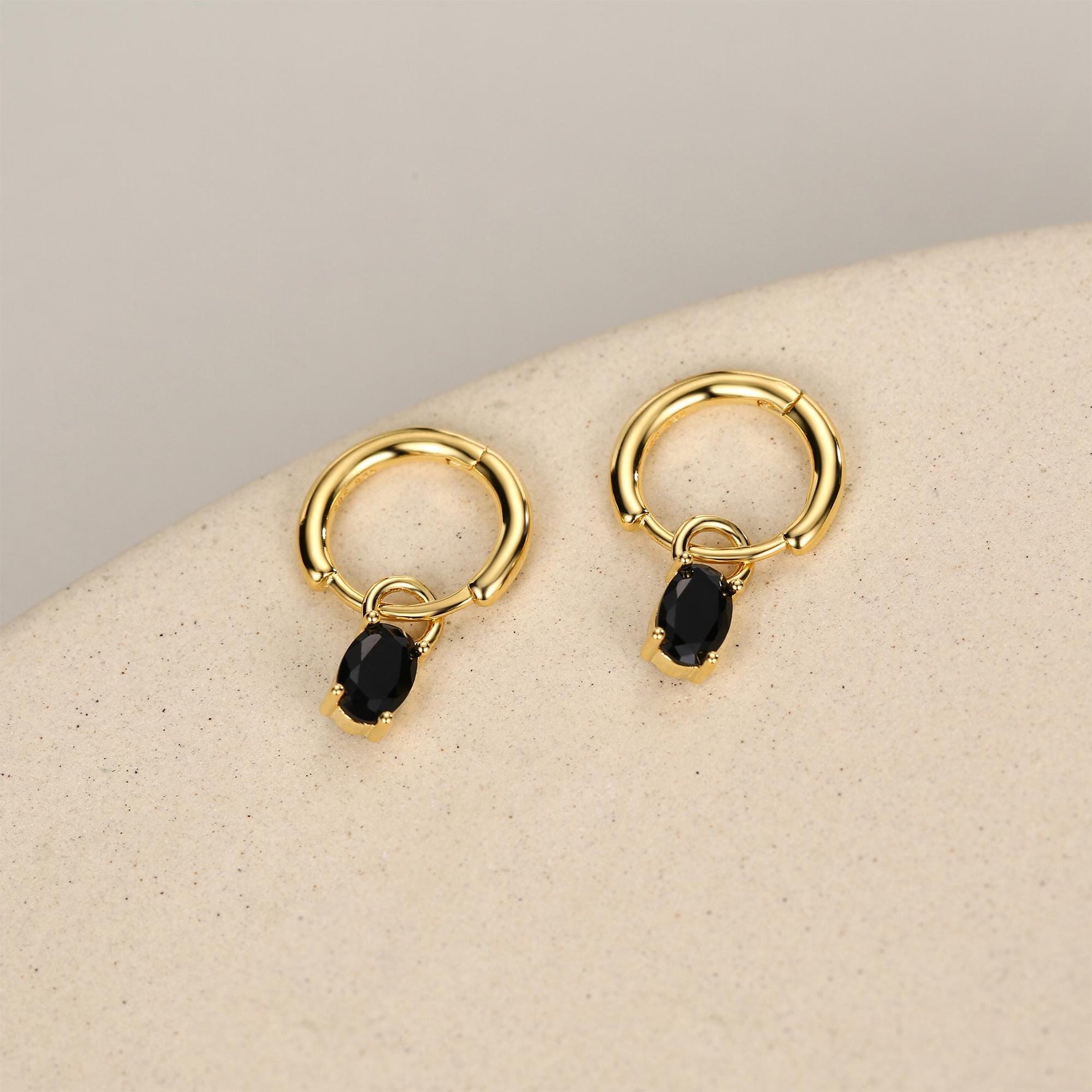 Oval Black CZ Huggie Hoop in Sterling Silver, Silver or Gold, Minimalist Simple Hoop Earrings, Detachable and Interchangeable