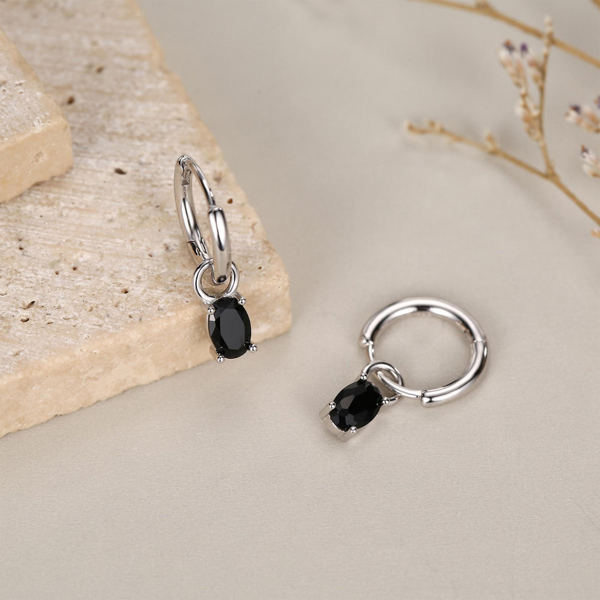 Oval Black CZ Huggie Hoop in Sterling Silver, Silver or Gold, Minimalist Simple Hoop Earrings, Detachable and Interchangeable