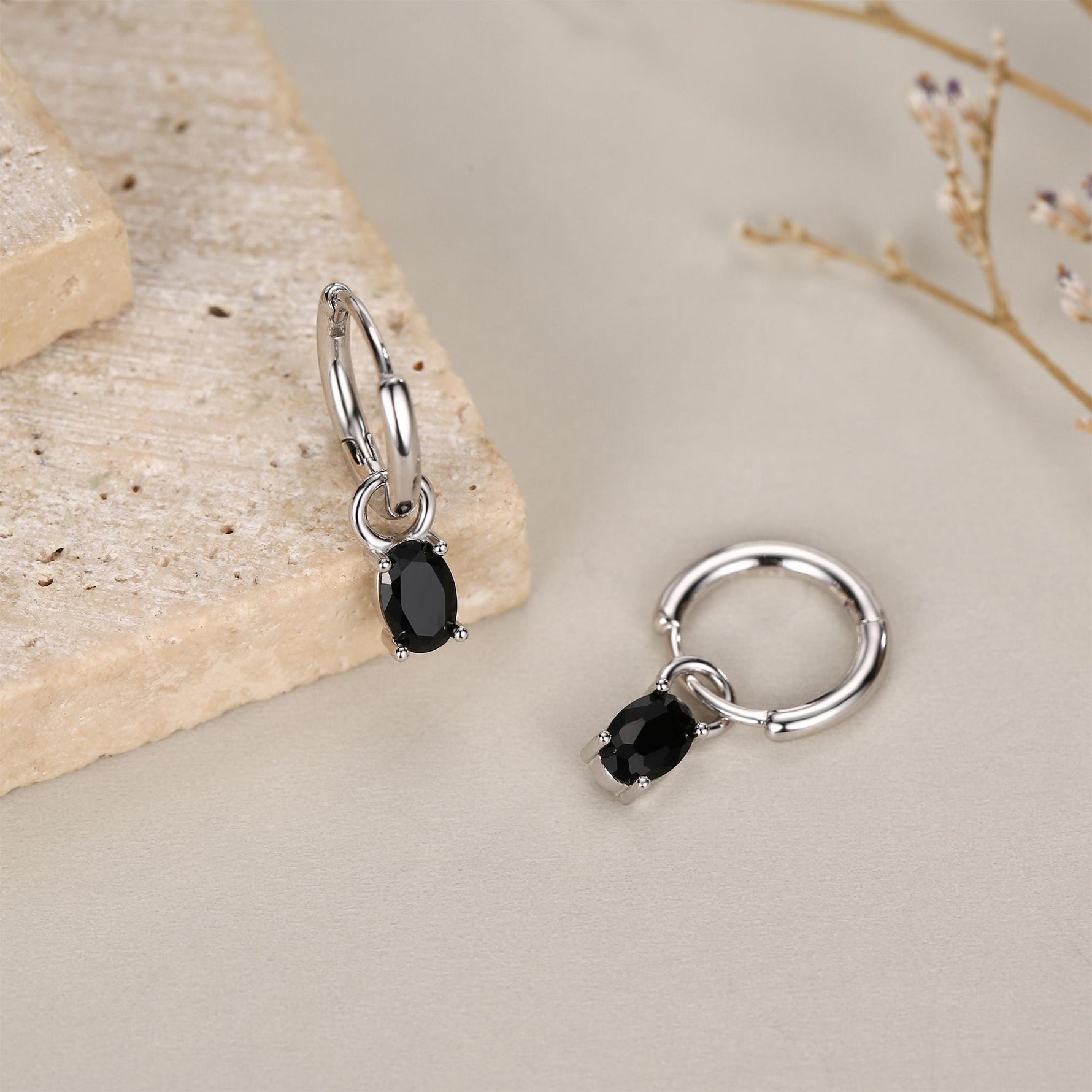 Oval Black CZ Huggie Hoop in Sterling Silver, Silver or Gold, Minimalist Simple Hoop Earrings, Detachable and Interchangeable