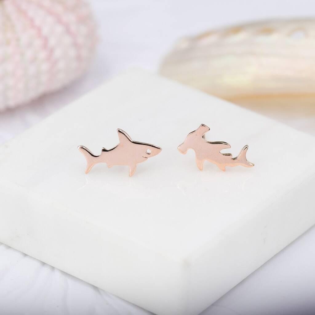 Mismatched Shark Stud Earrings in Sterling Silver, Animal Earrings