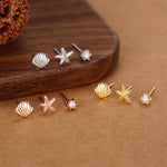 Sterling Silver Shell Starfish and Pearl Stud Earrings Set of 3