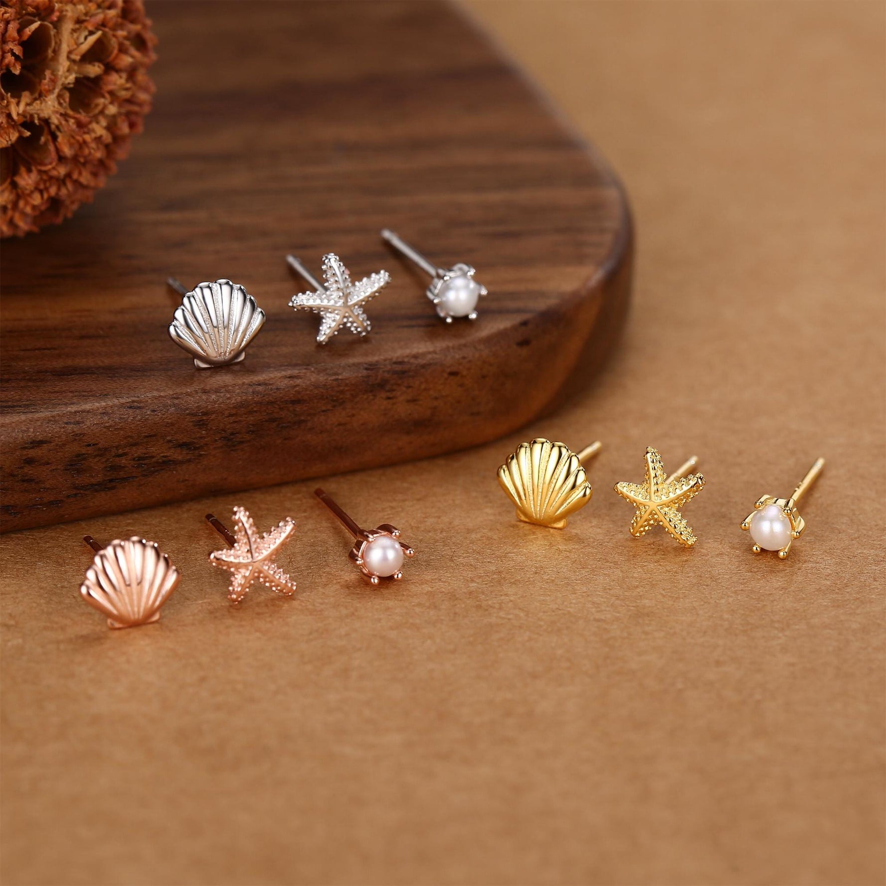 Sterling Silver Shell Starfish and Pearl Stud Earrings Set of 3