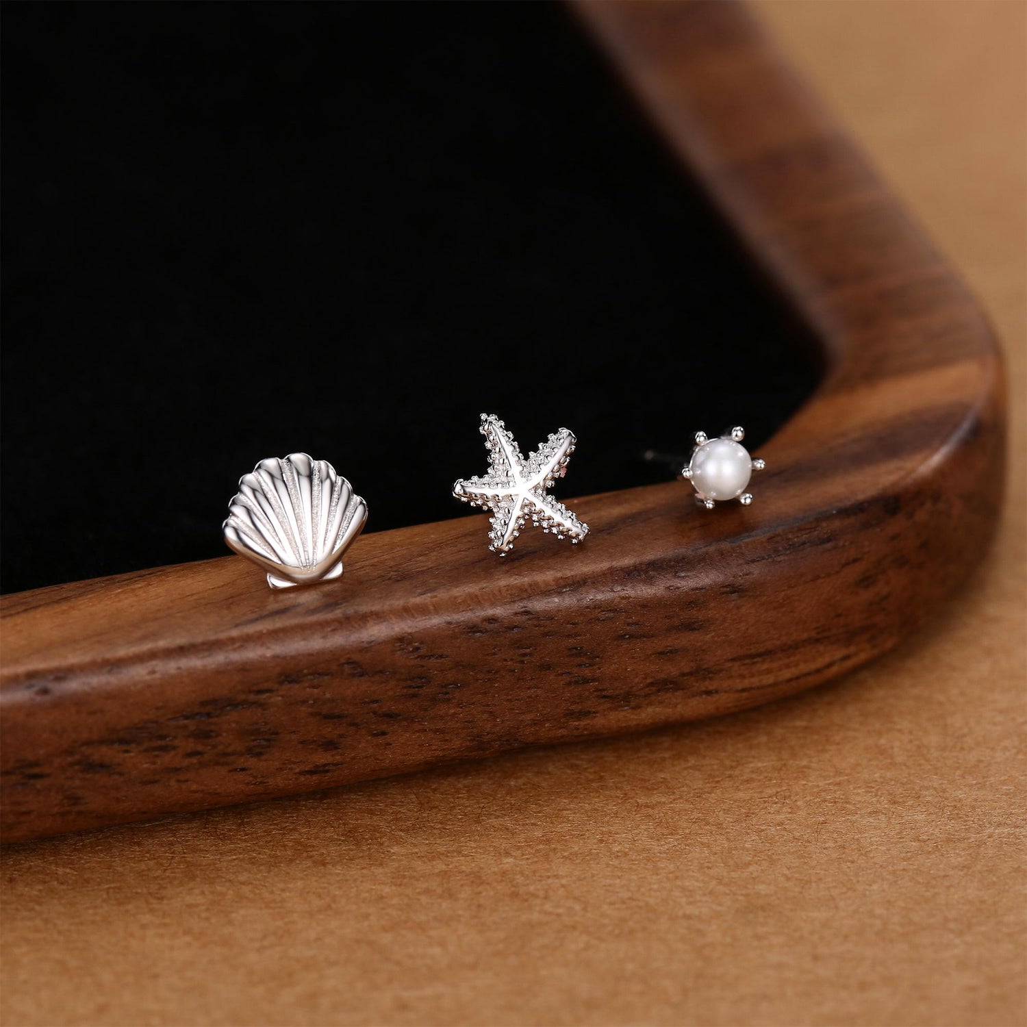 Sterling Silver Shell Starfish and Pearl Stud Earrings Set of 3