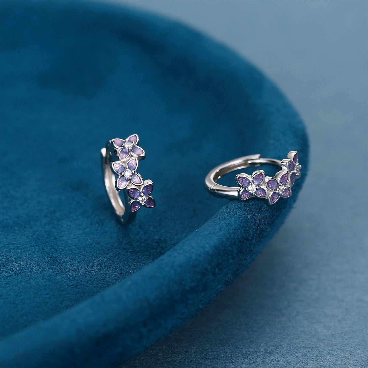 Sterling Silver Hydrangea Flower Enamel Huggie Hoop Earrings