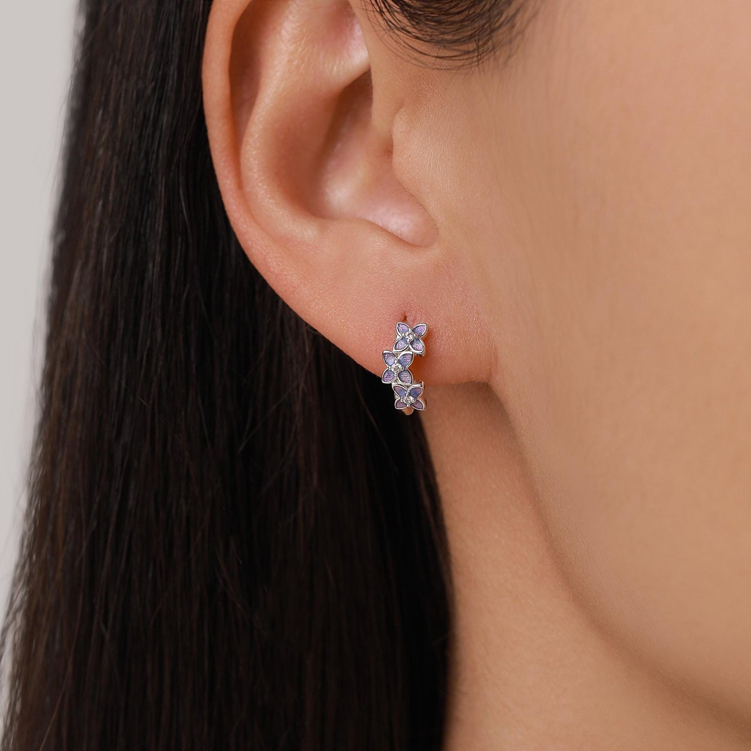 Sterling Silver Hydrangea Flower Enamel Huggie Hoop Earrings