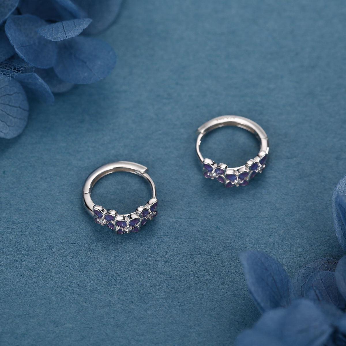 Sterling Silver Hydrangea Flower Enamel Huggie Hoop Earrings