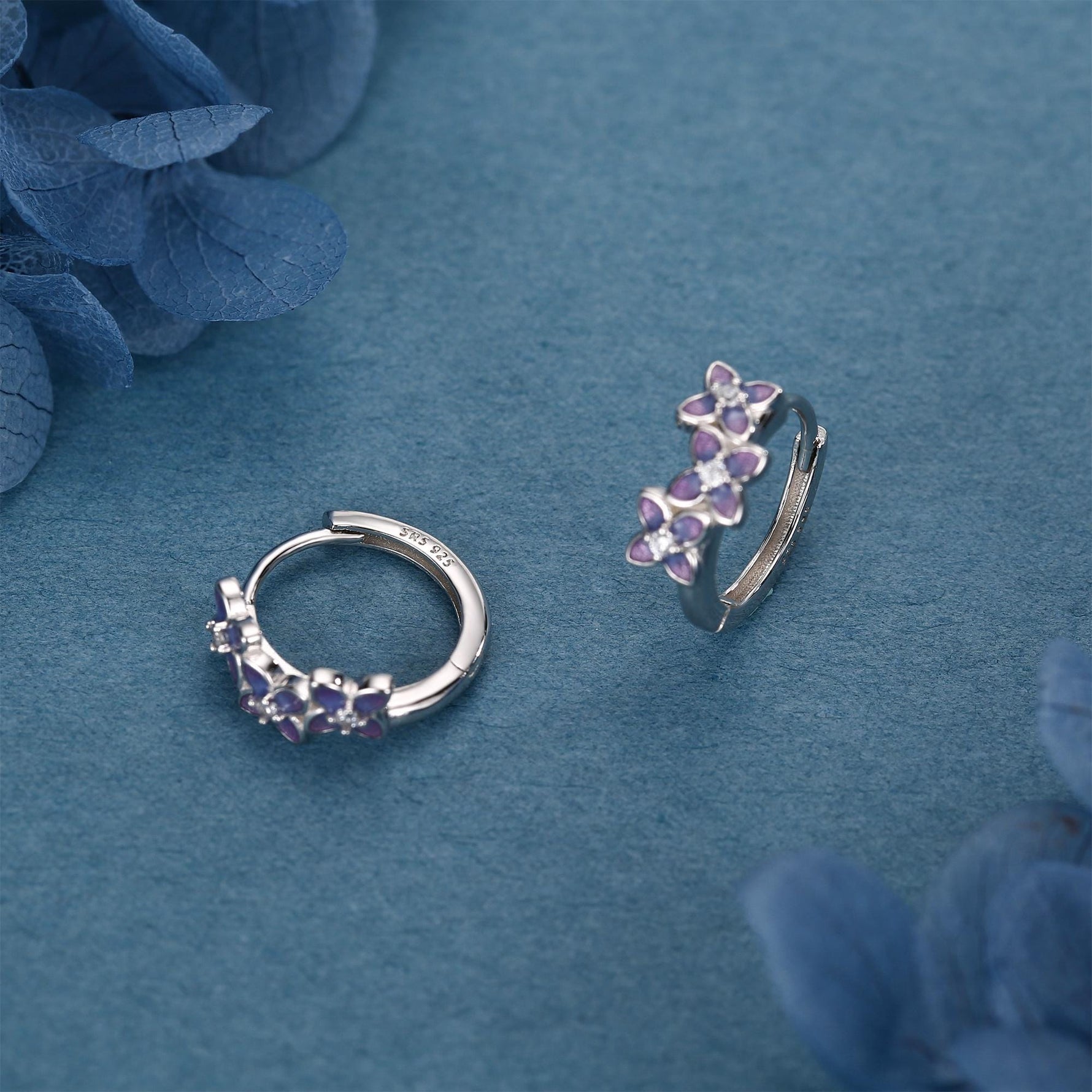 Sterling Silver Hydrangea Flower Enamel Huggie Hoop Earrings