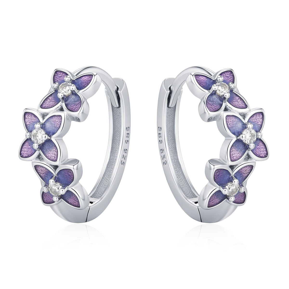 Sterling Silver Hydrangea Flower Enamel Huggie Hoop Earrings
