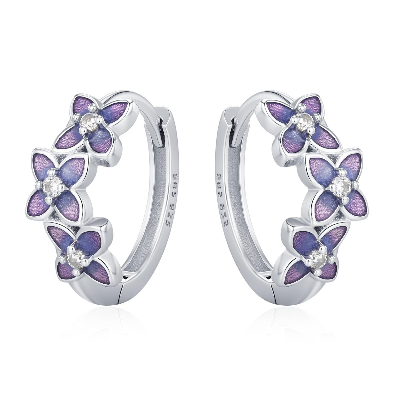 Sterling Silver Hydrangea Flower Enamel Huggie Hoop Earrings