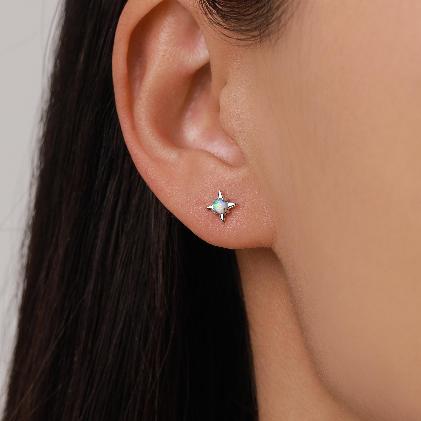 Mismatched Starburst and Moon Stud Earrings in Sterling Silver with Lab Opal, Asymmetric Blue Opal Star and Crescent Moon Earrings
