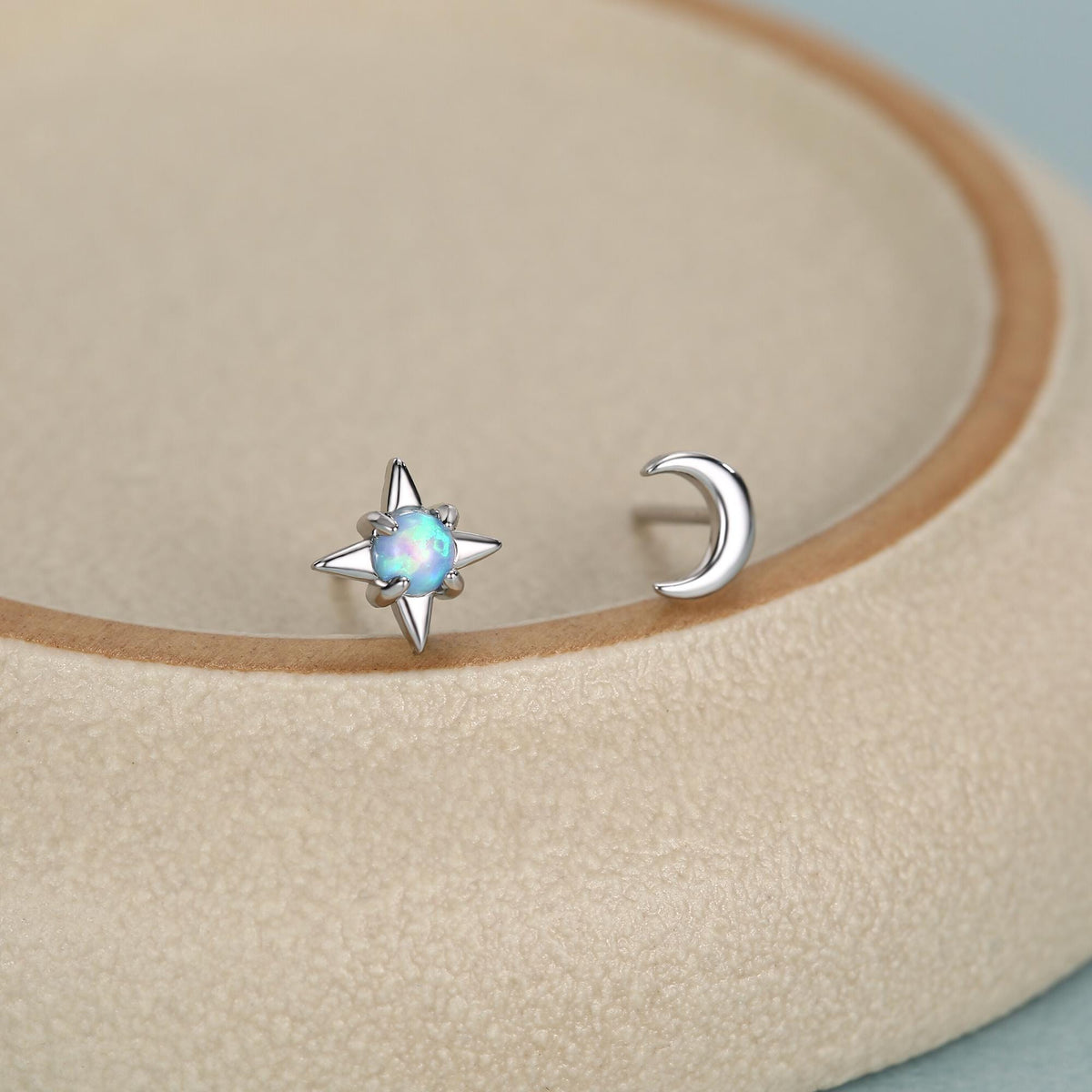 Mismatched Starburst and Moon Stud Earrings in Sterling Silver with Lab Opal, Asymmetric Blue Opal Star and Crescent Moon Earrings