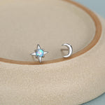 Mismatched Starburst and Moon Stud Earrings in Sterling Silver with Lab Opal, Asymmetric Blue Opal Star and Crescent Moon Earrings
