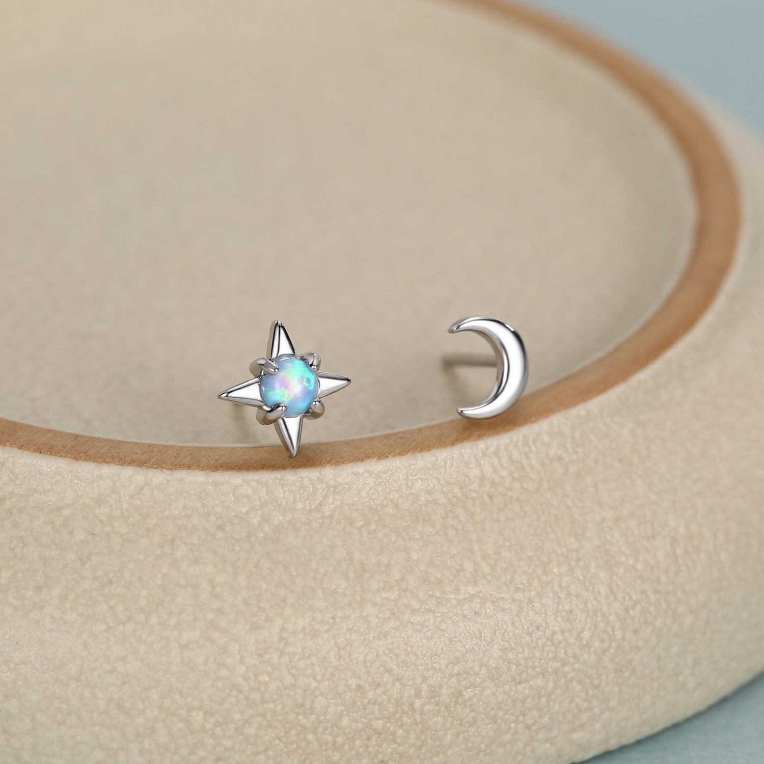Mismatched Starburst and Moon Stud Earrings in Sterling Silver with Lab Opal, Asymmetric Blue Opal Star and Crescent Moon Earrings