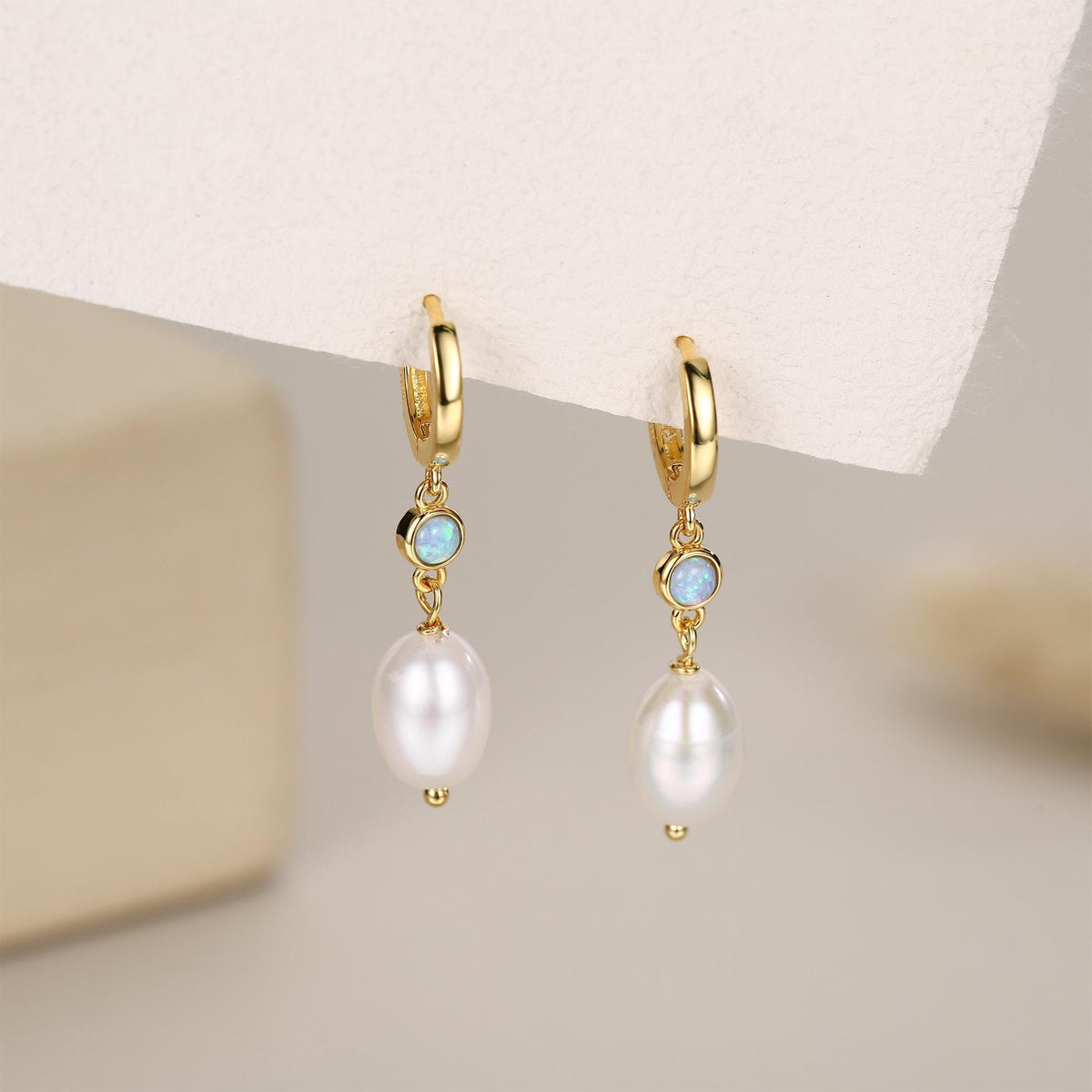 Genuine Freshwater Pearl and Blue Opal Huggie Hoop Earrings in Sterling Silver, Delicate Keshi Pearl and Opal Earrings, Genuine Pearls