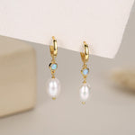 Genuine Freshwater Pearl and Blue Opal Huggie Hoop Earrings in Sterling Silver, Delicate Keshi Pearl and Opal Earrings, Genuine Pearls
