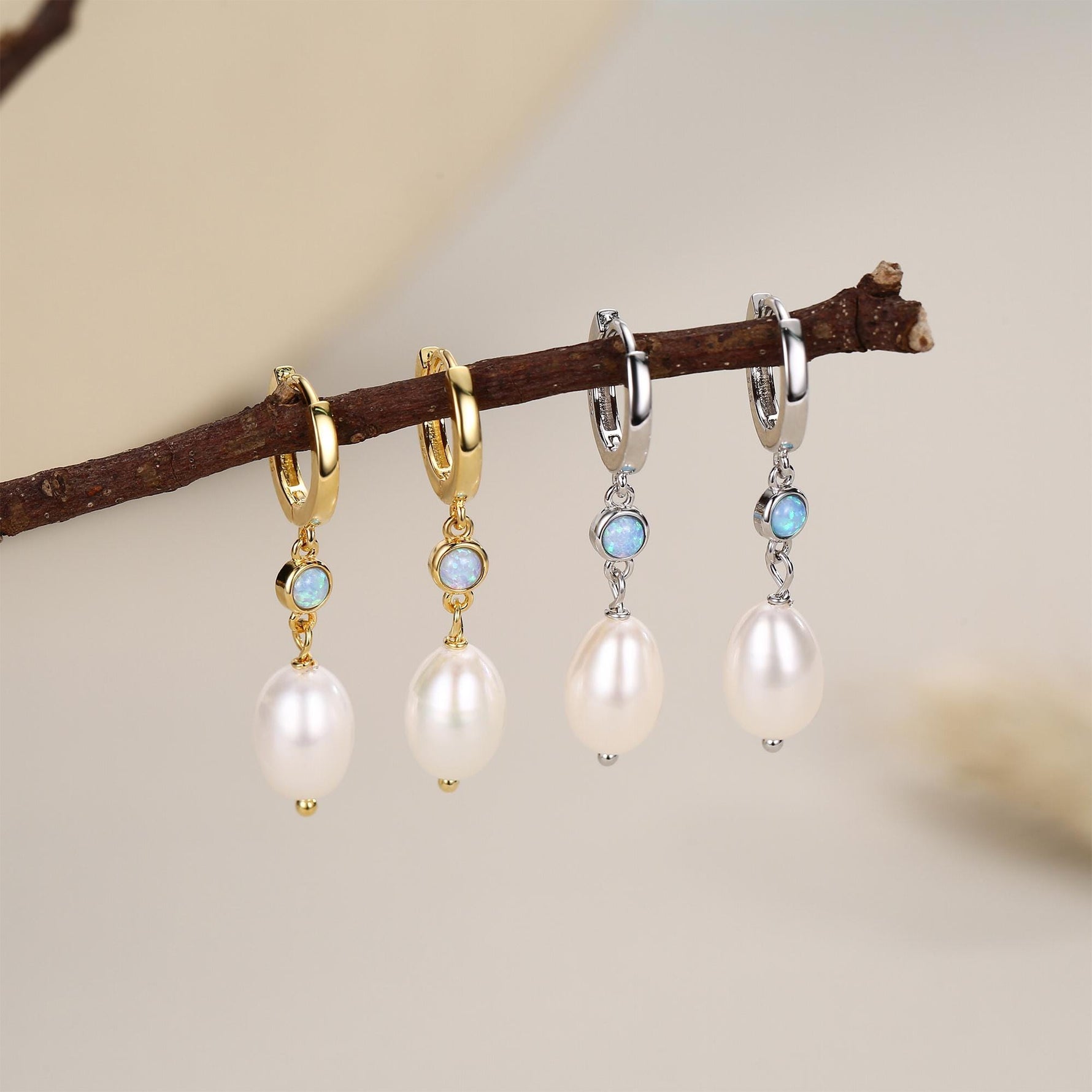 Genuine Freshwater Pearl and Blue Opal Huggie Hoop Earrings in Sterling Silver, Delicate Keshi Pearl and Opal Earrings, Genuine Pearls