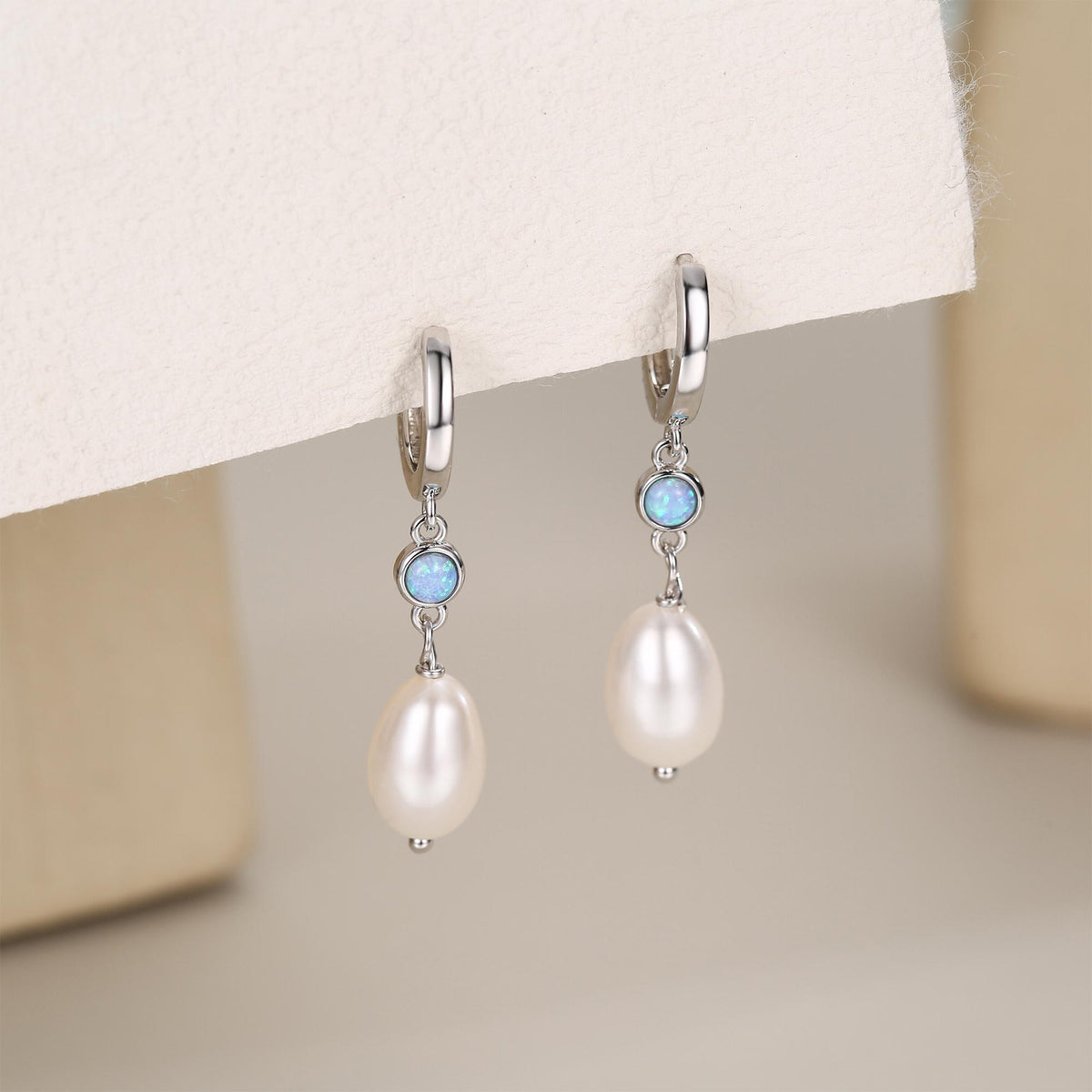 Genuine Freshwater Pearl and Blue Opal Huggie Hoop Earrings in Sterling Silver, Delicate Keshi Pearl and Opal Earrings, Genuine Pearls