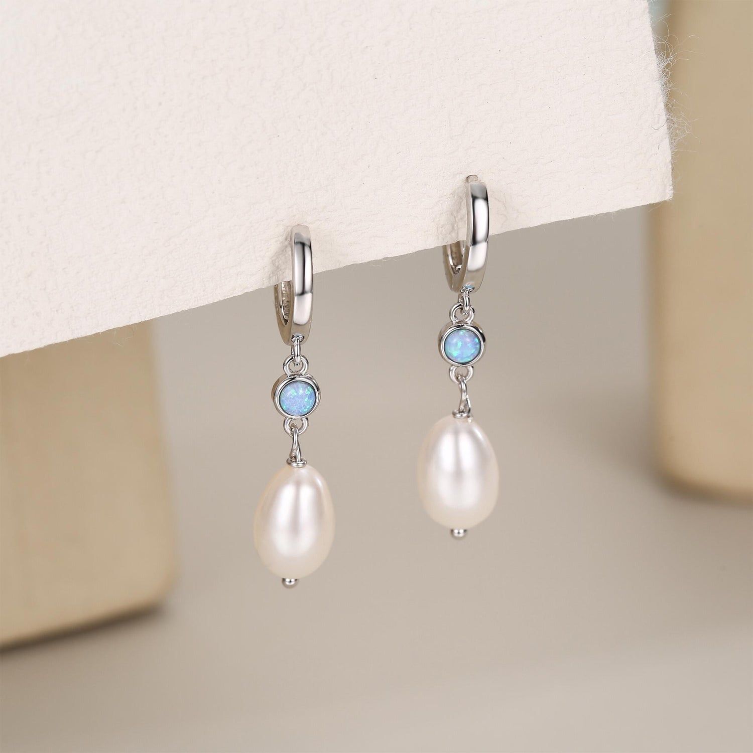 Genuine Freshwater Pearl and Blue Opal Huggie Hoop Earrings in Sterling Silver, Delicate Keshi Pearl and Opal Earrings, Genuine Pearls
