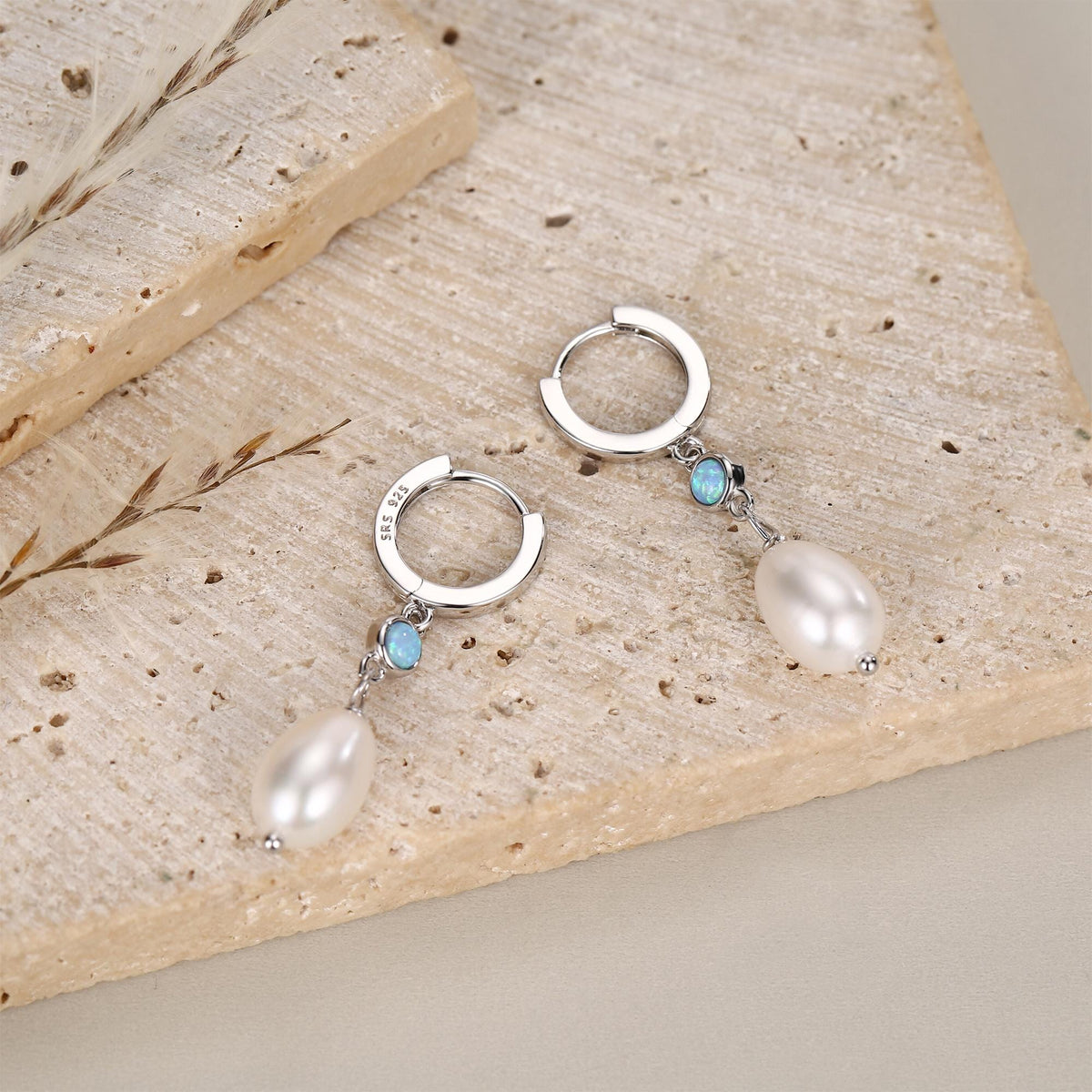 Genuine Freshwater Pearl and Blue Opal Huggie Hoop Earrings in Sterling Silver, Delicate Keshi Pearl and Opal Earrings, Genuine Pearls