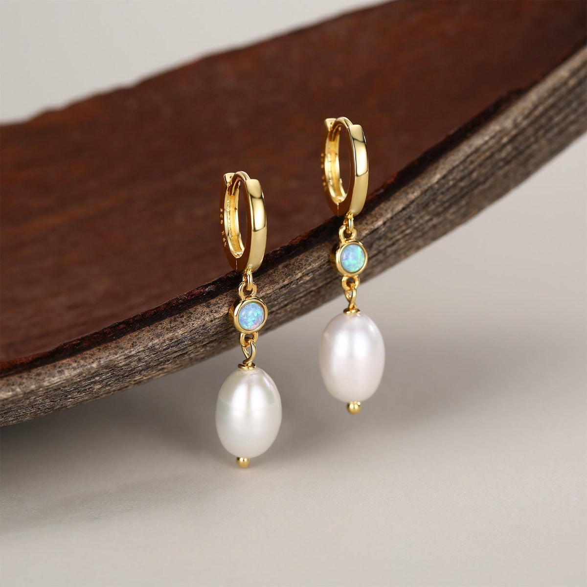 Genuine Freshwater Pearl and Blue Opal Huggie Hoop Earrings in Sterling Silver, Delicate Keshi Pearl and Opal Earrings, Genuine Pearls