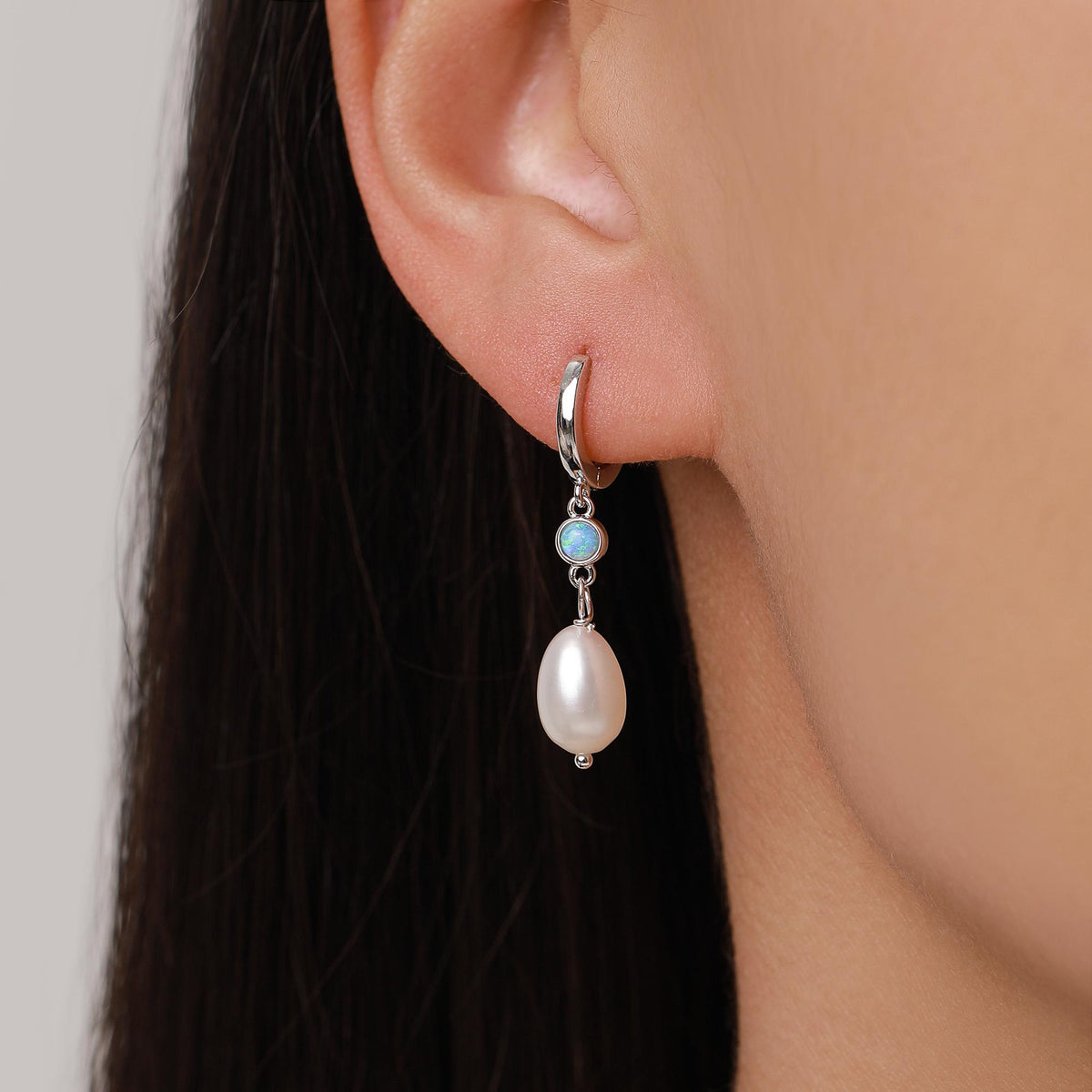 Genuine Freshwater Pearl and Blue Opal Huggie Hoop Earrings in Sterling Silver, Delicate Keshi Pearl and Opal Earrings, Genuine Pearls
