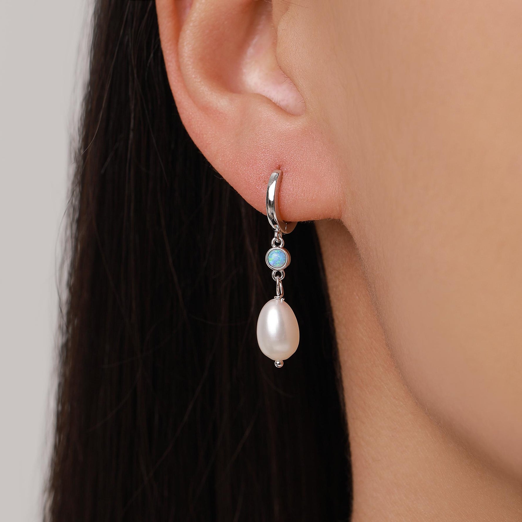 Genuine Freshwater Pearl and Blue Opal Huggie Hoop Earrings in Sterling Silver, Delicate Keshi Pearl and Opal Earrings, Genuine Pearls