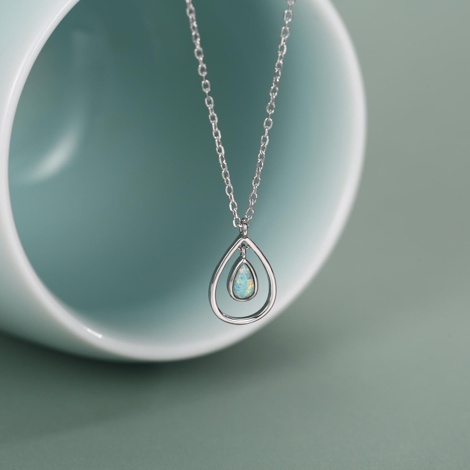 Sterling Silver Teardrop Aqua Opal Pendant Necklace