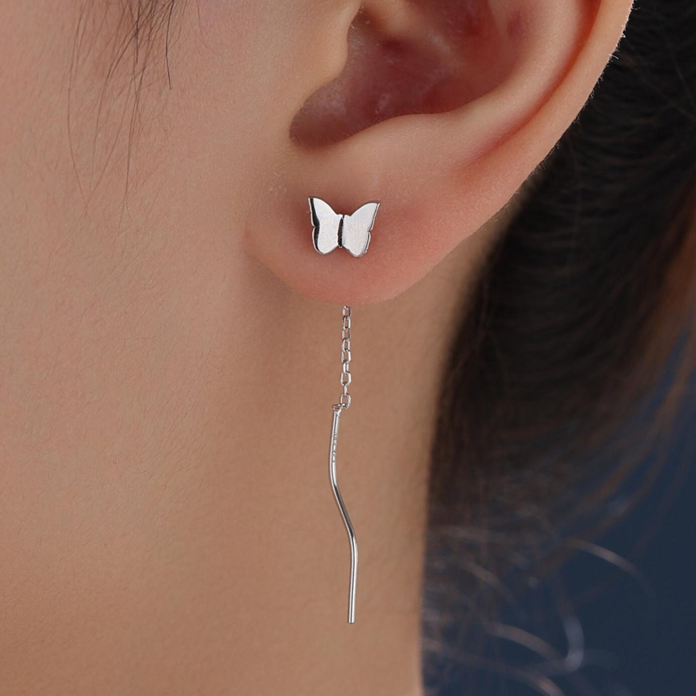 Sterling Silver Butterfly Ear Threaders, Silver or Gold or Rose Gold, Butterfly Swirl Threader Earrings, Dainty Butterfly Dangle Earrings
