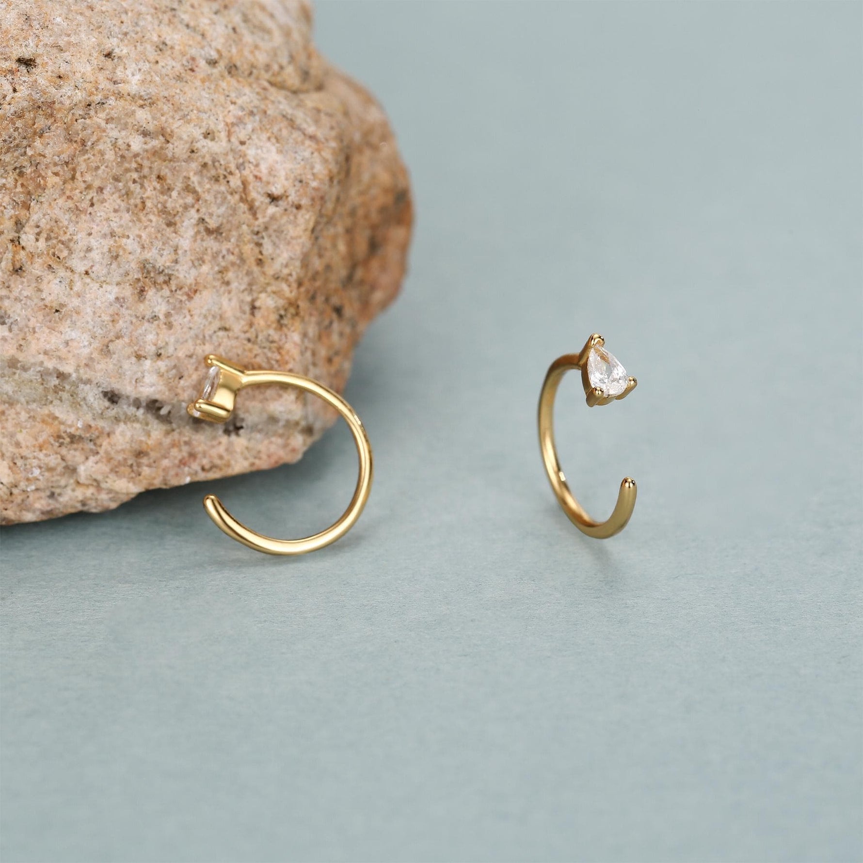 Clear CZ Droplet Huggie Hoop Earrings in Sterling Silver, Tiny Pear Cut CZ Open Hoops, Pull Through Threaders, Half Hoops