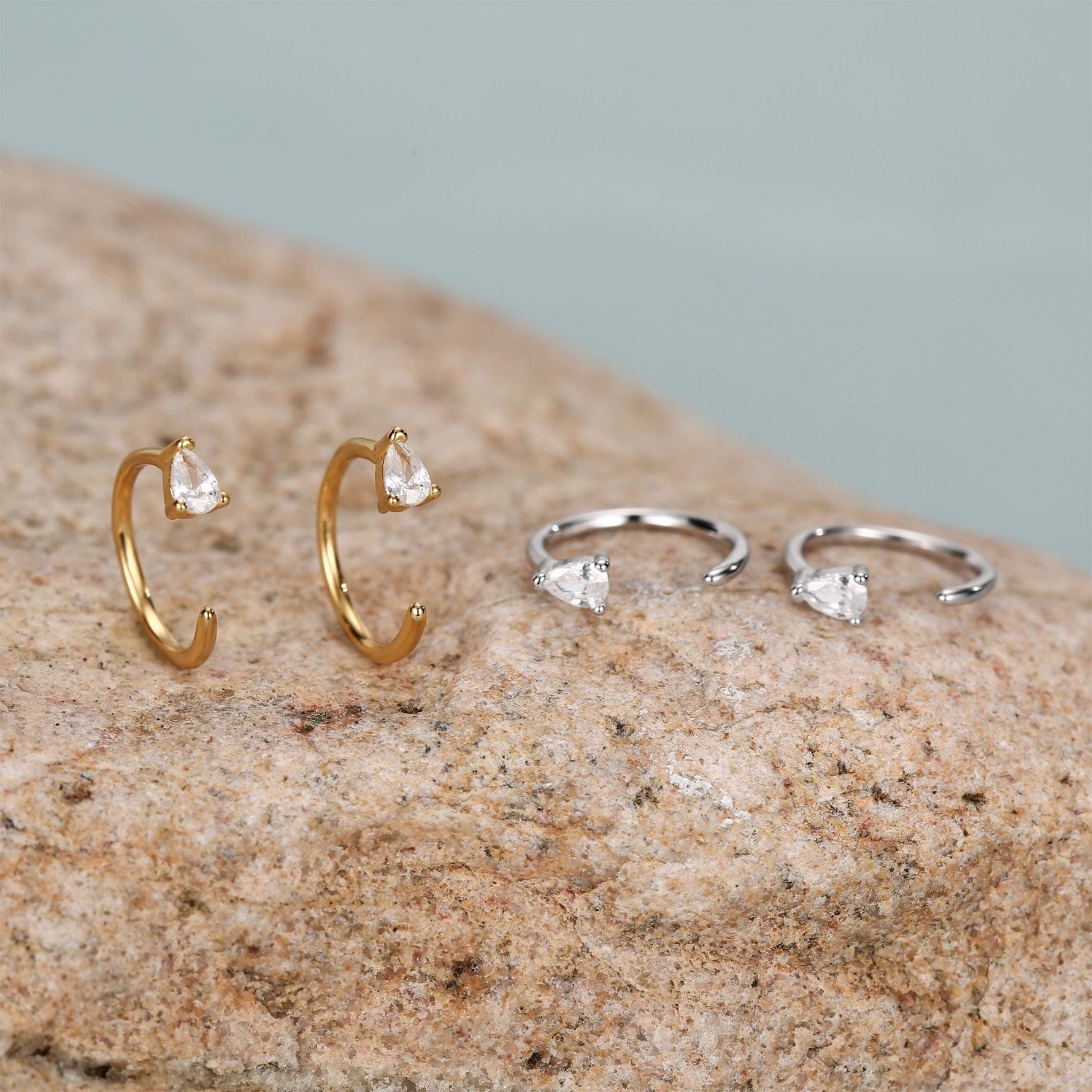 Clear CZ Droplet Huggie Hoop Earrings in Sterling Silver, Tiny Pear Cut CZ Open Hoops, Pull Through Threaders, Half Hoops