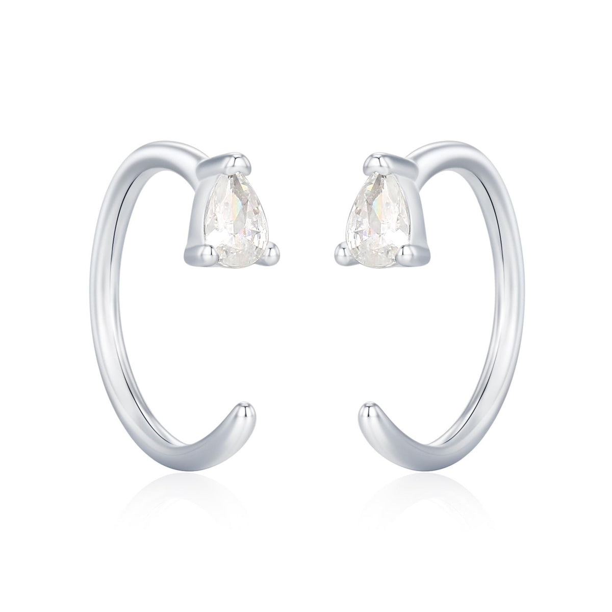 Clear CZ Droplet Huggie Hoop Earrings in Sterling Silver, Tiny Pear Cut CZ Open Hoops, Pull Through Threaders, Half Hoops