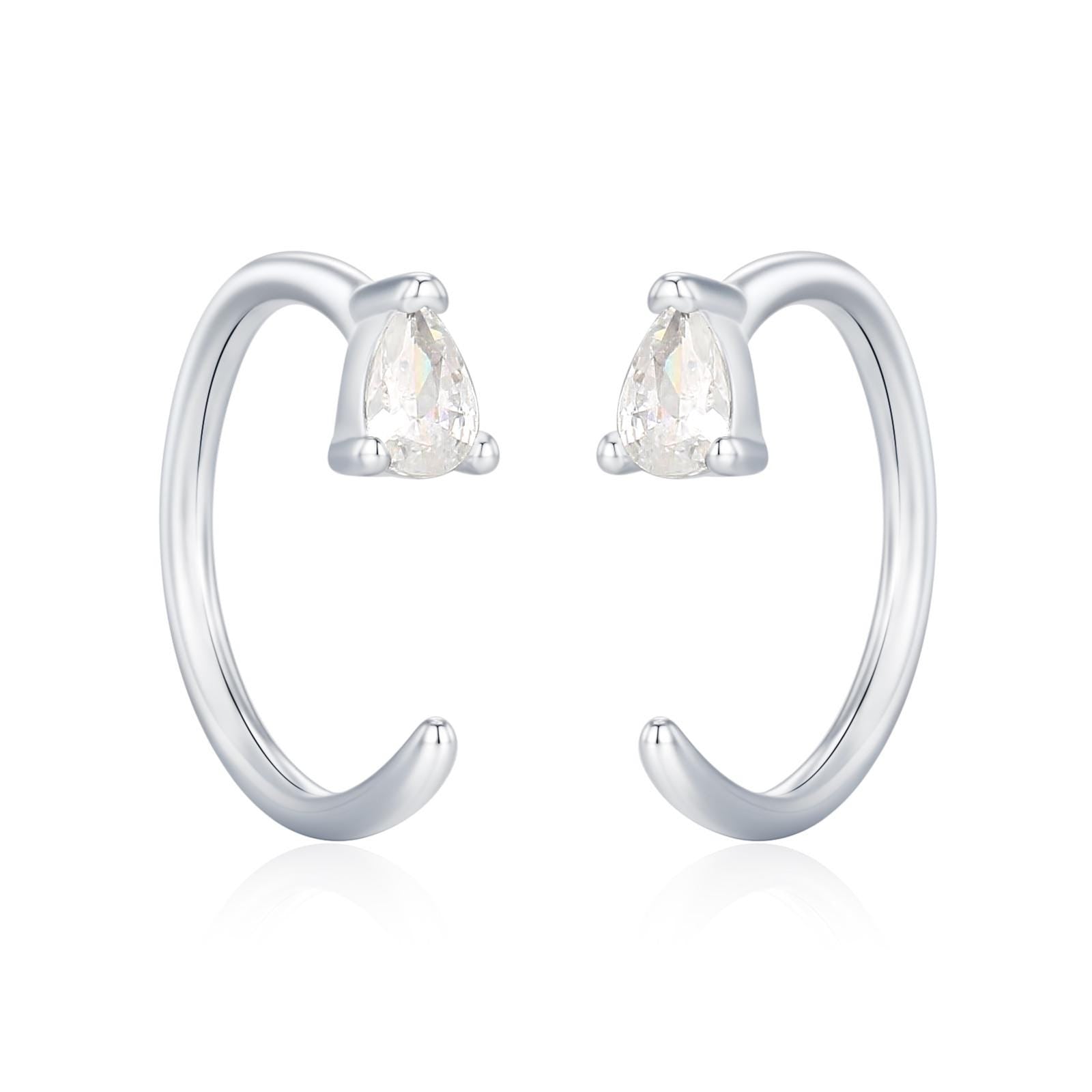 Clear CZ Droplet Huggie Hoop Earrings in Sterling Silver, Tiny Pear Cut CZ Open Hoops, Pull Through Threaders, Half Hoops