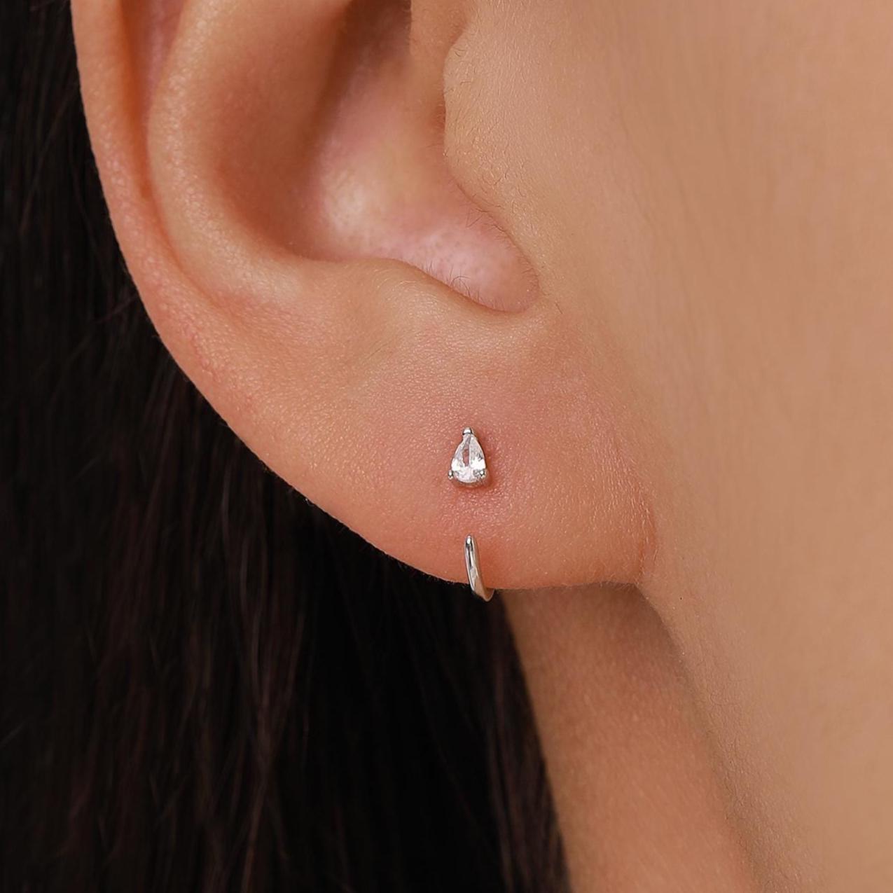 Clear CZ Droplet Huggie Hoop Earrings in Sterling Silver, Tiny Pear Cut CZ Open Hoops, Pull Through Threaders, Half Hoops