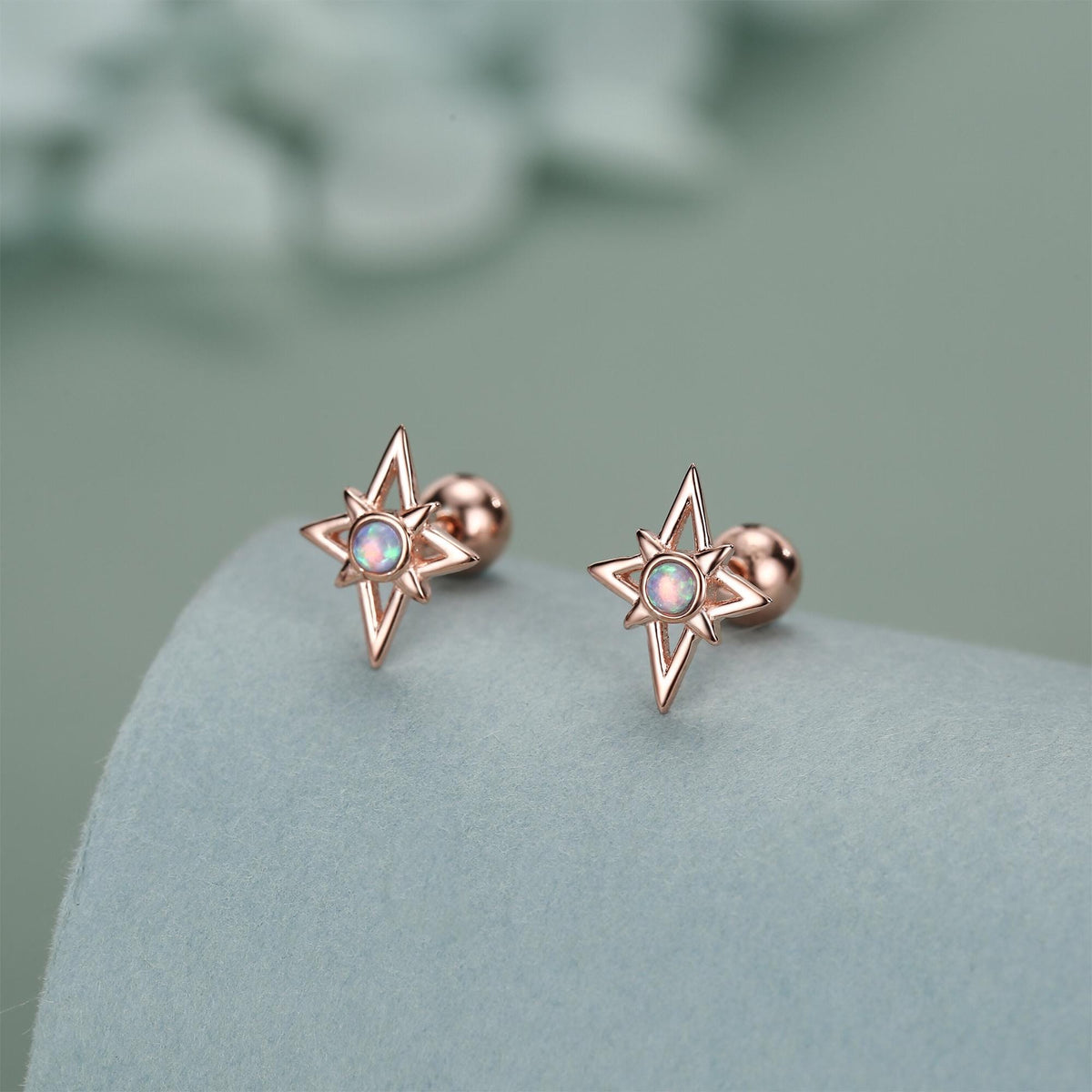 Sterling Silver Opal Star 18G Screw Back Stud Earrings