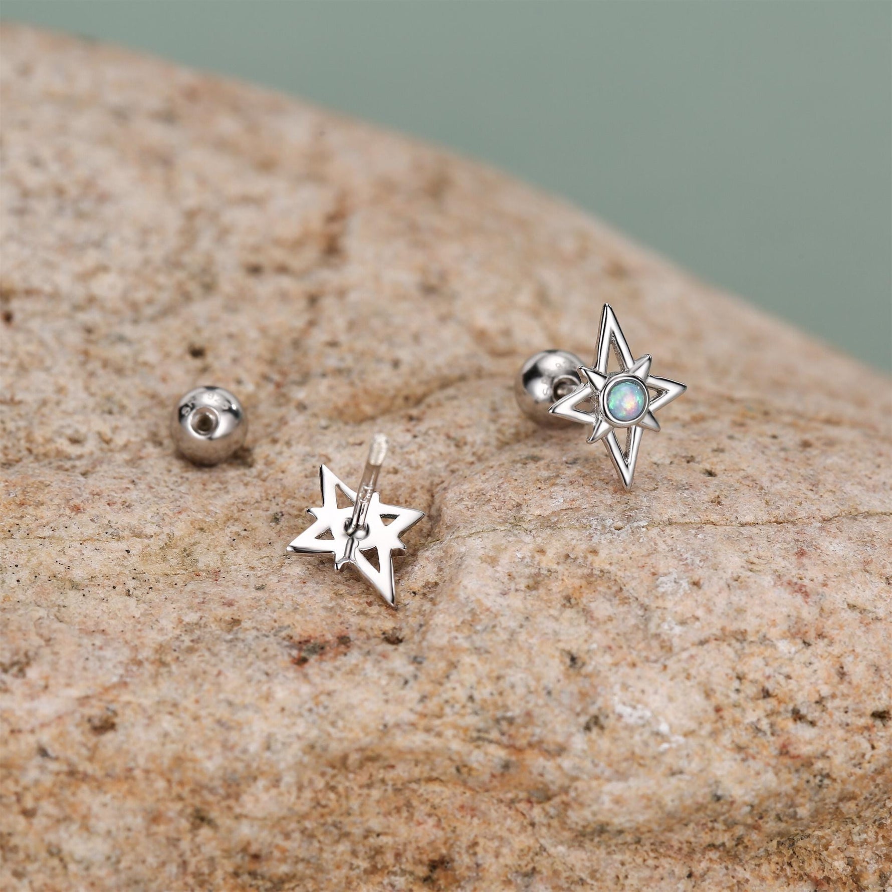 Sterling Silver Opal Star 18G Screw Back Stud Earrings