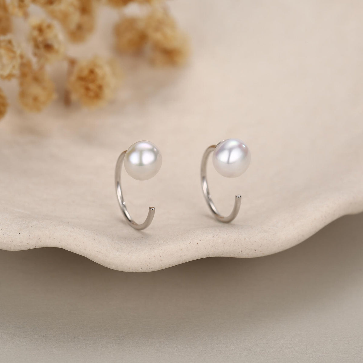 Sterling Silver Freshwater Pearl Open Hoop Huggie Earrings